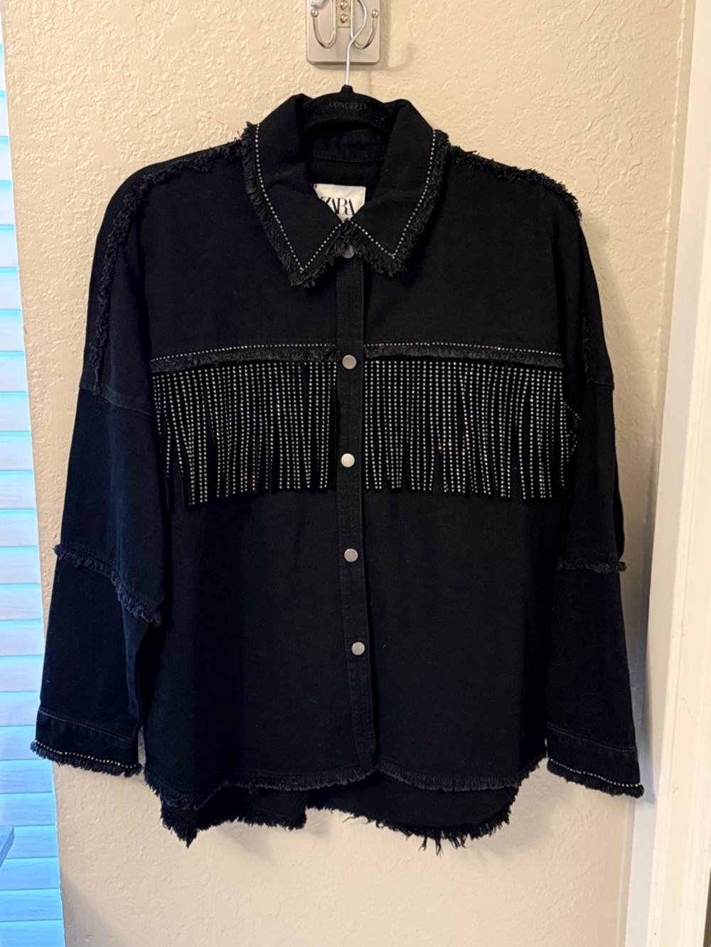 ZARA Black Beaded Fringe Shirt Jacket